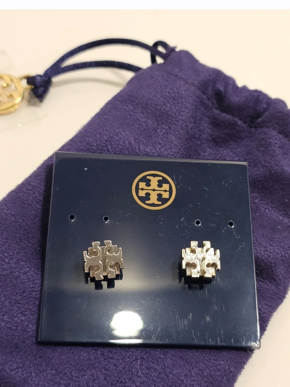 Tory Burch Eleanor Stacked 3D Logo Stud Earrings - Silver - Like New - Picture 2 of 5